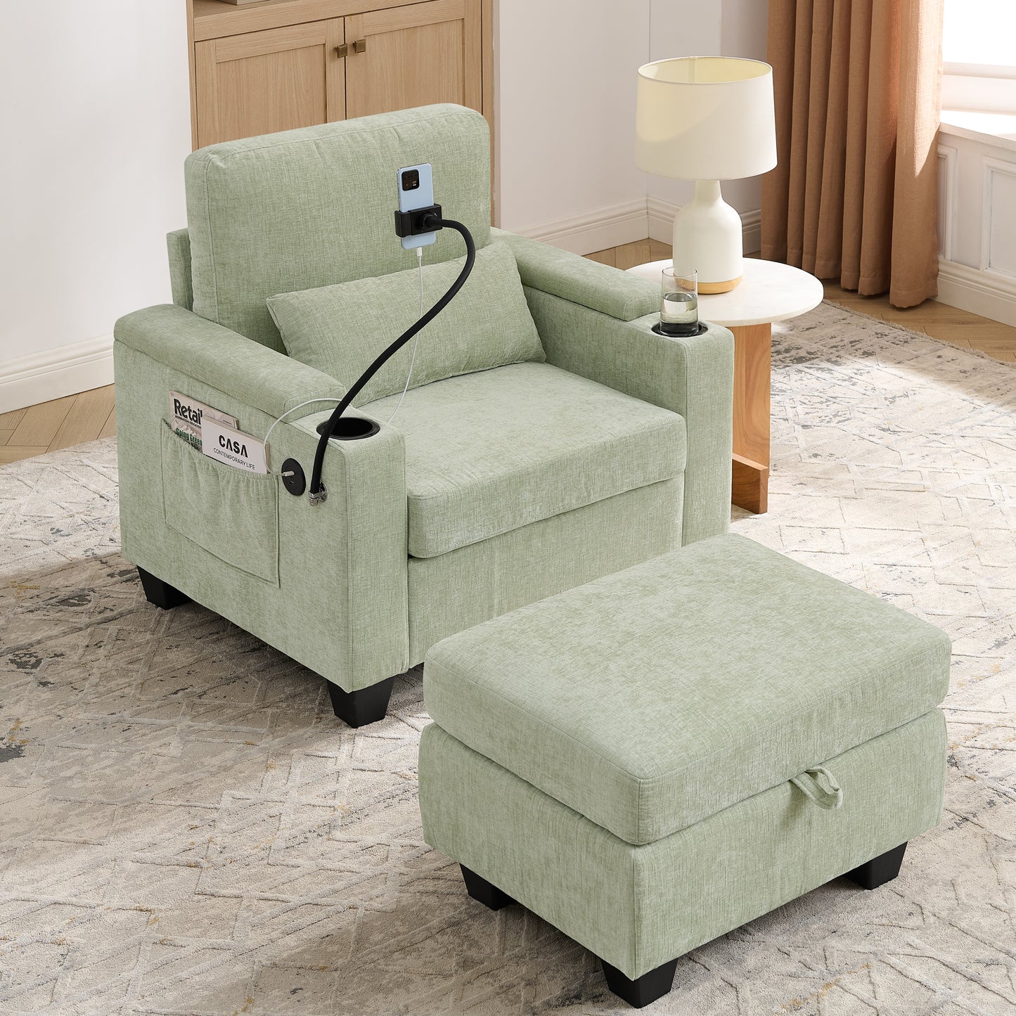 Single Sofa Recliner With Manually Adjustable Backrest, USB Charging Port On The Armrest Side, Phone Stand Included, Hidden Armrest Storage, And A Matching Storage Ottoman-Cyan