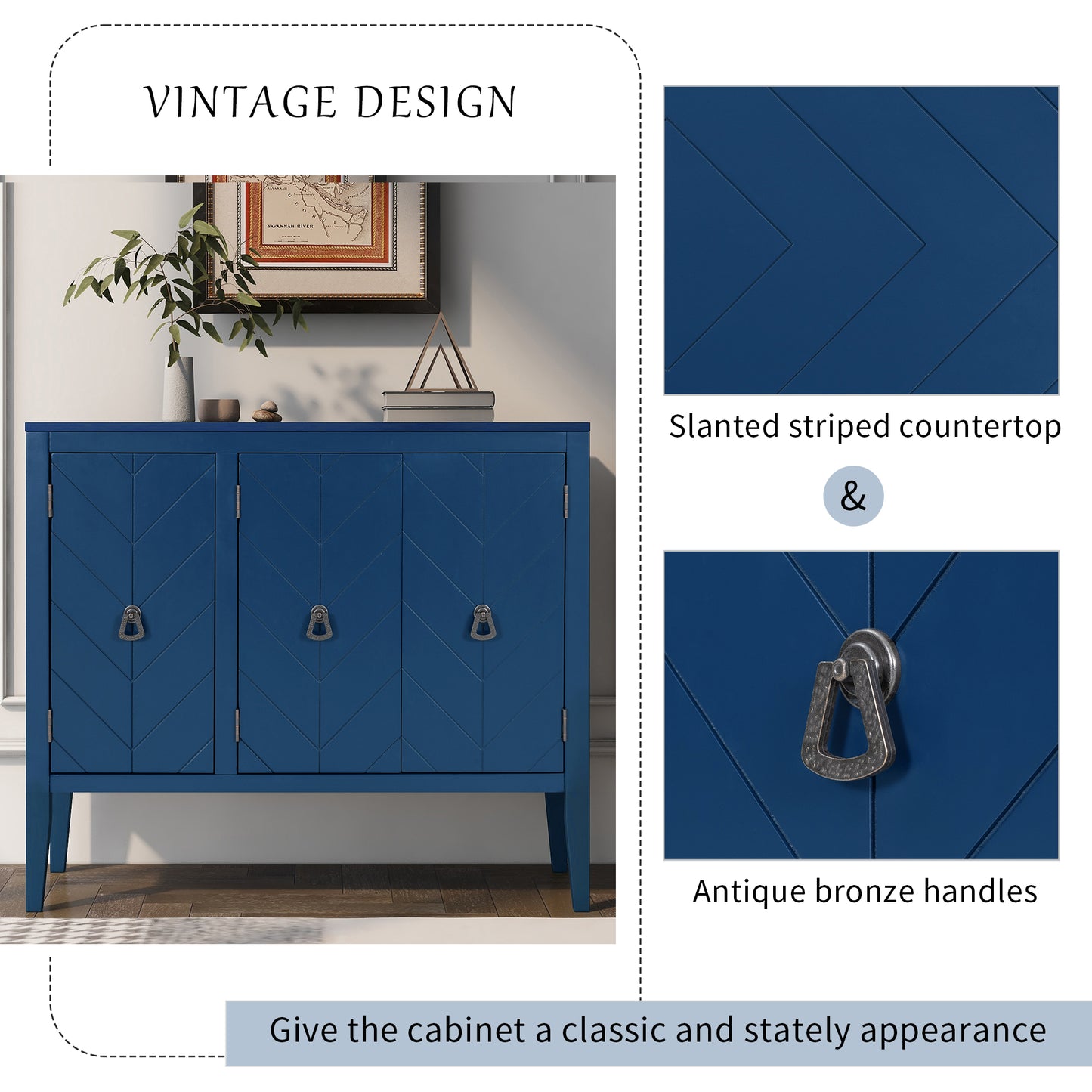 U-STYLE Adjustable Shelf Storage Sideboard With 3 Retro Metal Handles And 4 Pinewood Legs  For Entryway  Living Room  Study Room  Dining Room