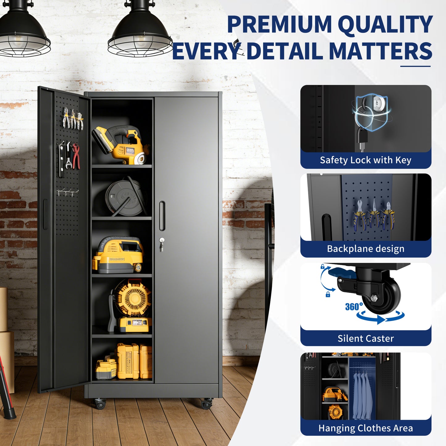 Rolling Metal Storage Locker Cabinet With Lockable Doors - 71  Freestanding Steel Wardrobe For Home, Office, School, Employee, Gym & Fire Department  Black