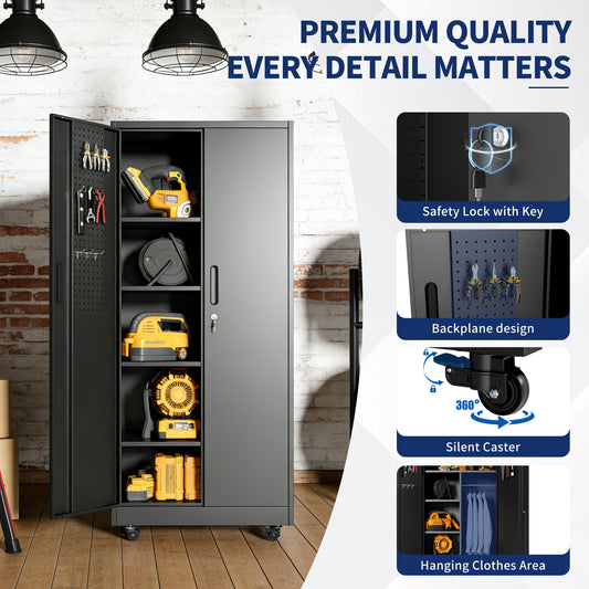 Rolling Metal Storage Locker Cabinet With Lockable Doors - 71  Freestanding Steel Wardrobe For Home, Office, School, Employee, Gym & Fire Department  Black