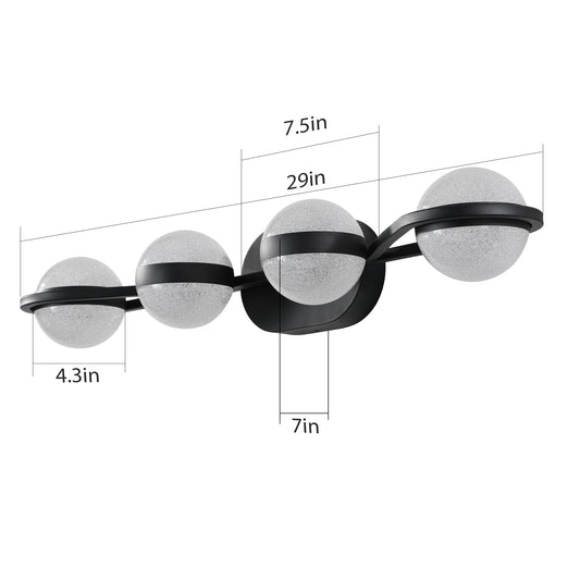 30in Black Minimalist LED Bathroom Vanity Light With Crystal Sand Acrylic Shades, 4-Light Wall Mounted Decorative Lighting Fixture, Suitable For Bathroom Vanity Mirror