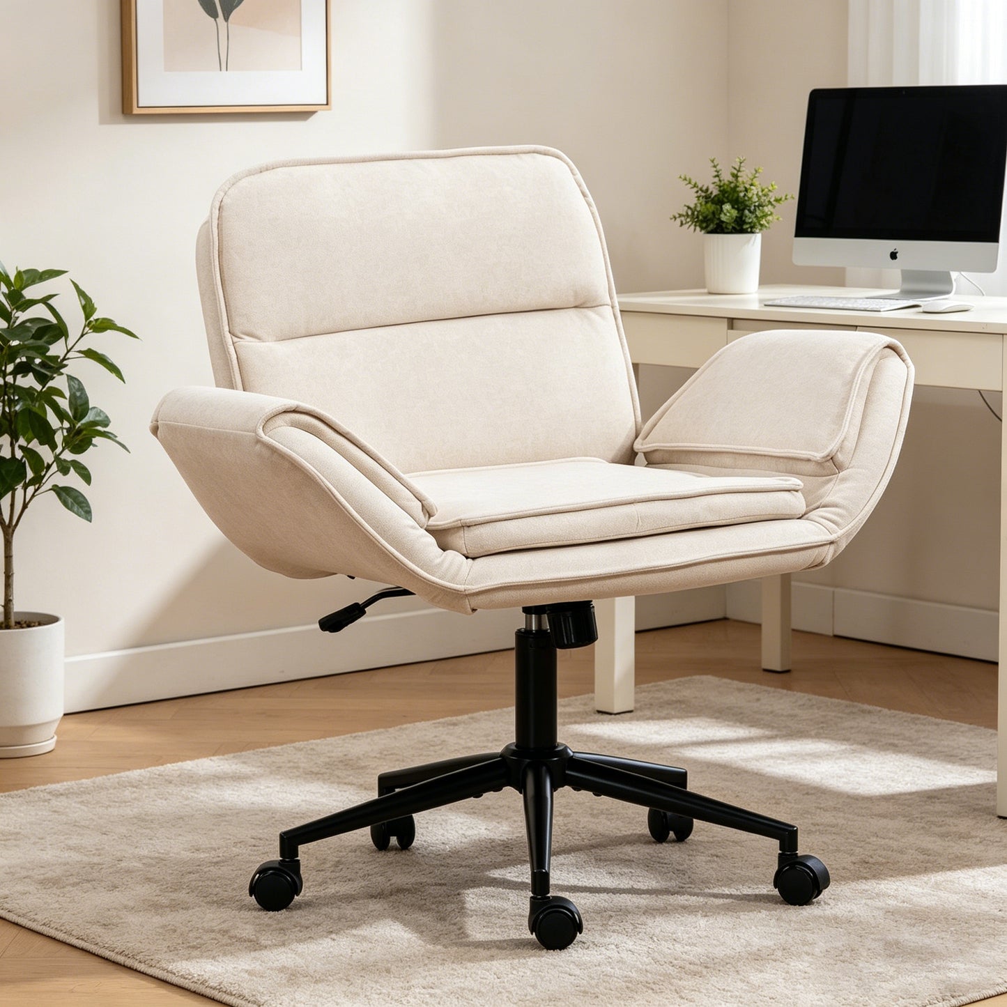 Criss Cross Chair With 5-Gear Adjustable Armrests & Wheels, Ergonomic Thickened Backrest Swivel Desk Chair For Home Office, Vanity, Bedroom And Living Room, Beige Cloth