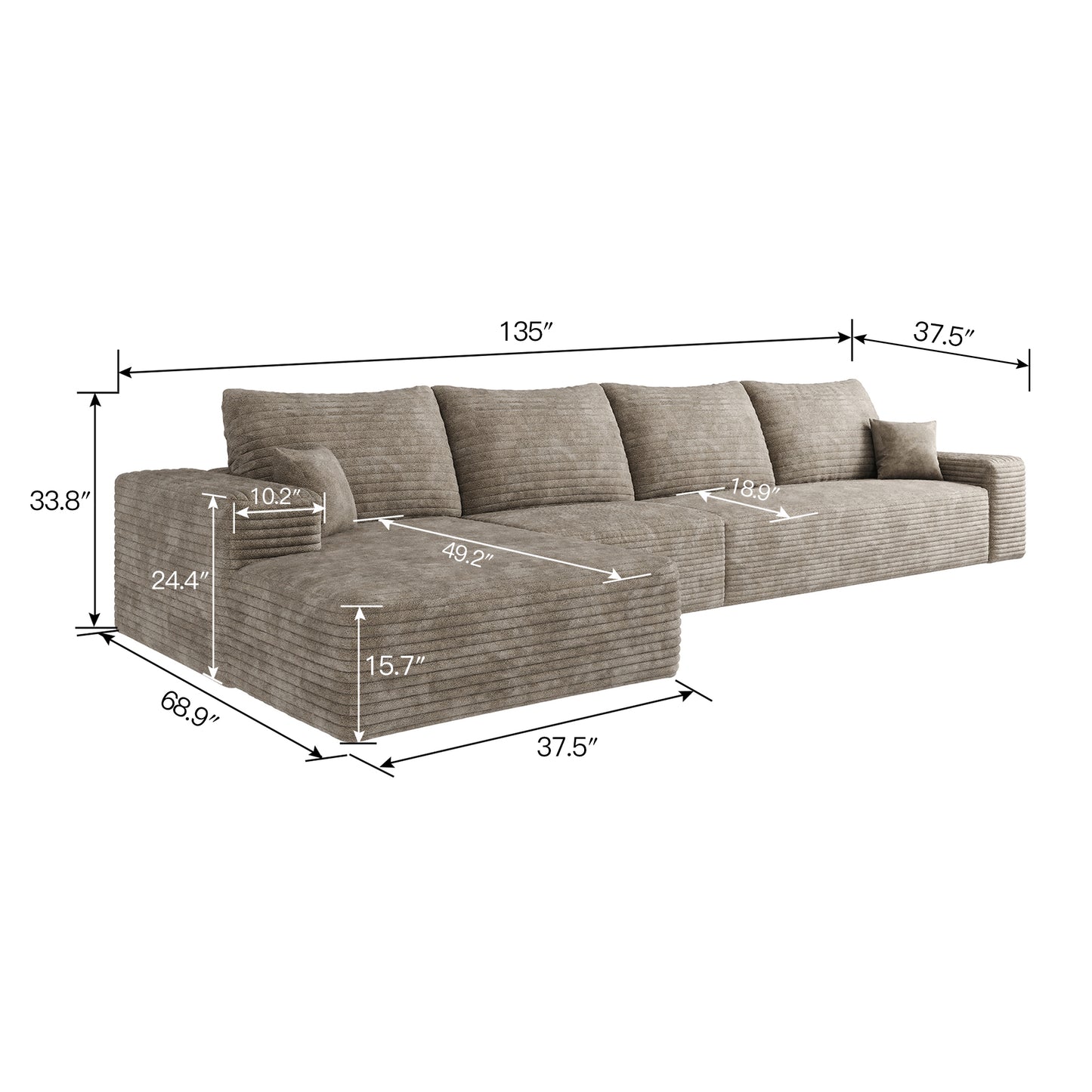 135  Cloud Sectional Couch With L-Shape Chaise,Modern Modular Sofa With Deep Seat, Upholstered Couches For Living Room Bedroom,No Assembly Required,  Plush Corduroy Fabric