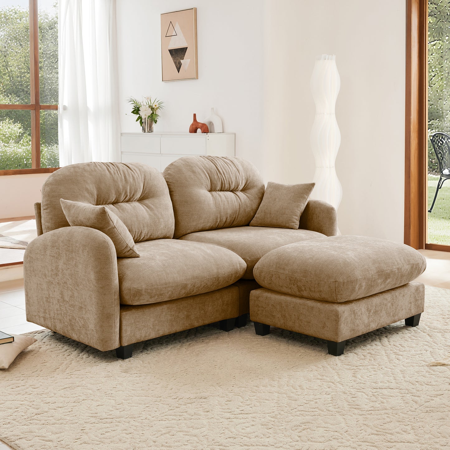 Cloud Sectional L-Shaped Couch With Ottoman,Soft Chenille Fabric,Quilted Pleated Design  High-Density Foam,Fits Bedrooms Living Rooms Reading Nooks,Camel