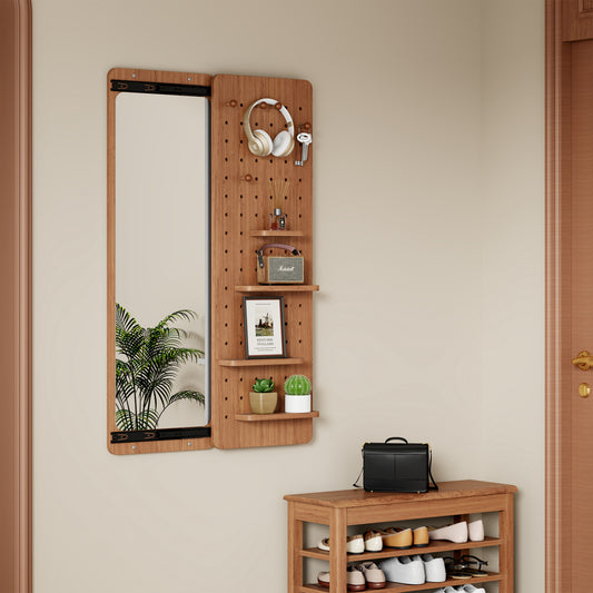Wall Mounted Full Length Mirror, Full Body Mirror With Shelf, Full Body Mirror With Hook Wall Mounted Mirror With Multifunctional Design Panel, Bedroom Living Room Entrance Cherry 47.6x15.7in