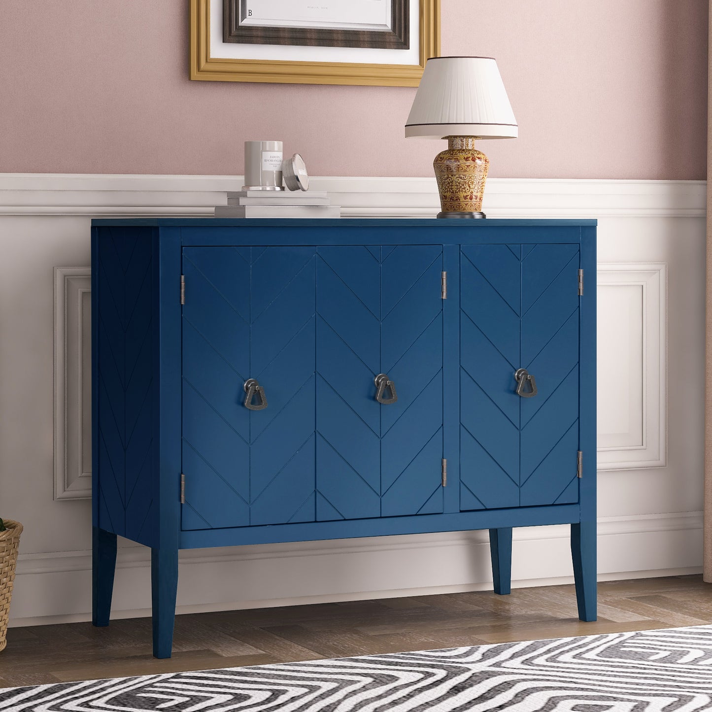 U-STYLE Adjustable Shelf Storage Sideboard With 3 Retro Metal Handles And 4 Pinewood Legs  For Entryway  Living Room  Study Room  Dining Room