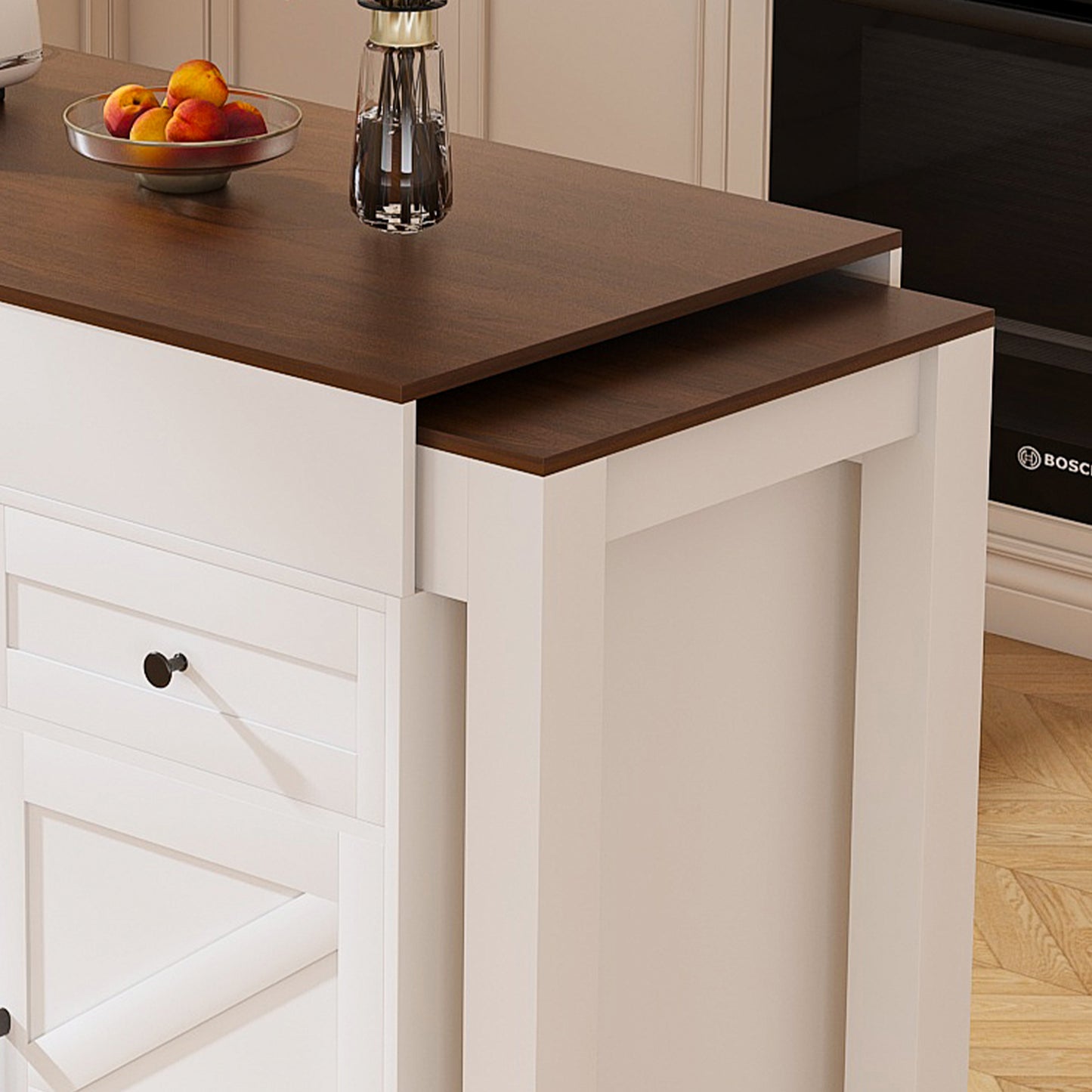 74.8 Kitchen Island With Extendable Dining Table & Power Outlet - Rolling Storage Cart On Wheels With 3 Drawers & 2 Door Cabinet For Dining Room  White