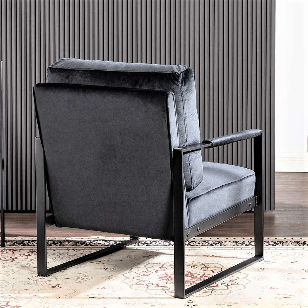 Classic Mid Century Modern Accent Chair With Durable Square Metal Frame, Armchair For Living Room, Bedroom, Home Office In Plush Velvet Upholstery, Black