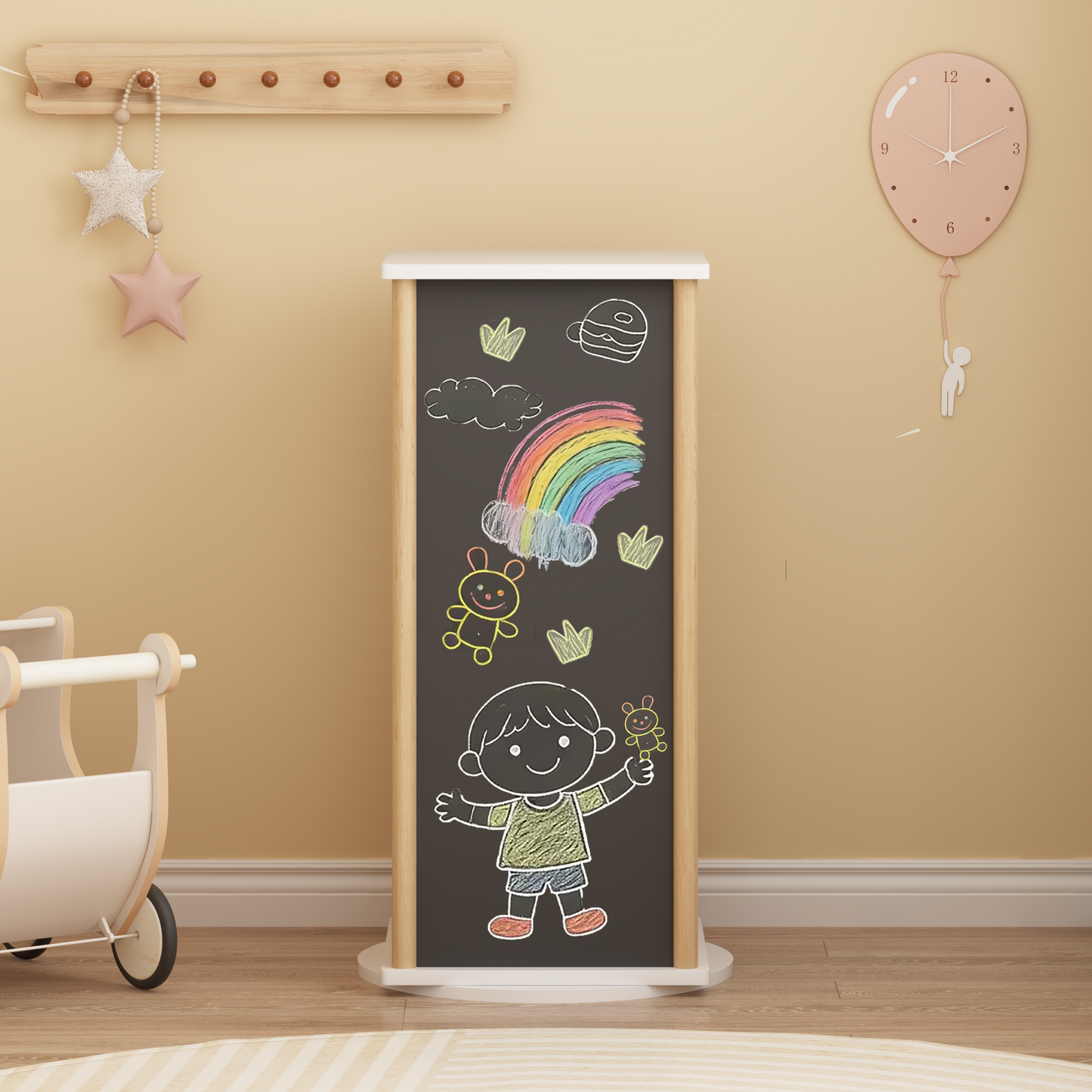 360 Rotating Kids Bookshelf With Chalkboard, 3-Tier Wood Floor Revolving Bookcase & Toy Storage Organizer, Picture Book Display Stand For Toddlers, Nursery & Playroom, White And Natural