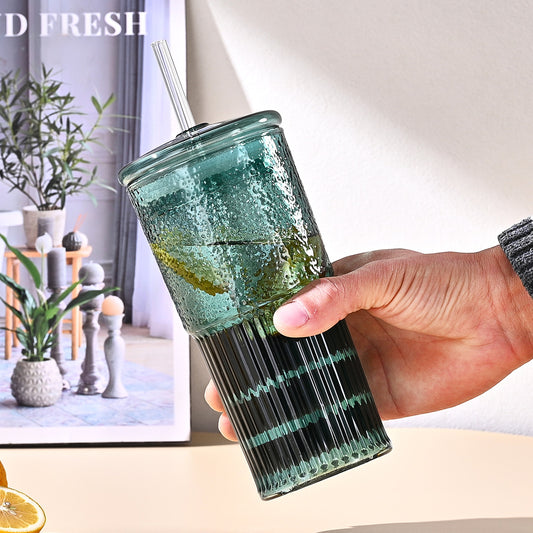 20 Oz 2-pack Green Glass Straw Cup With Vertical Pattern Cup And Lid, High Borosilicate Heat-resistant Glass Cup For Juice, Milk And Cold Drinks
