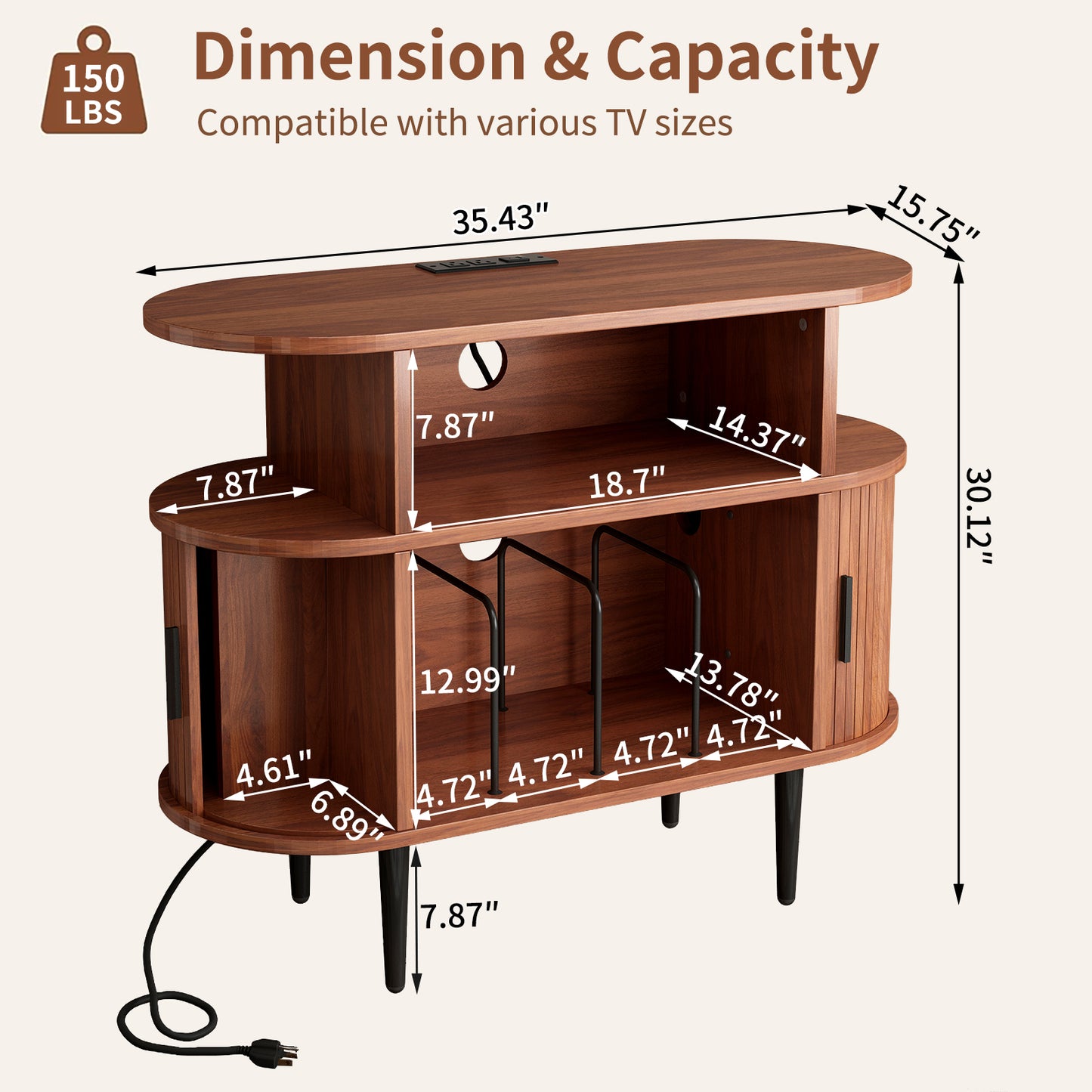 Large Round Record Player Stand With Charging Station & USB Ports, Record Storage Cabinet, Mid Century Modern Turntable Stand For Bedroom Living Room WALNUT
