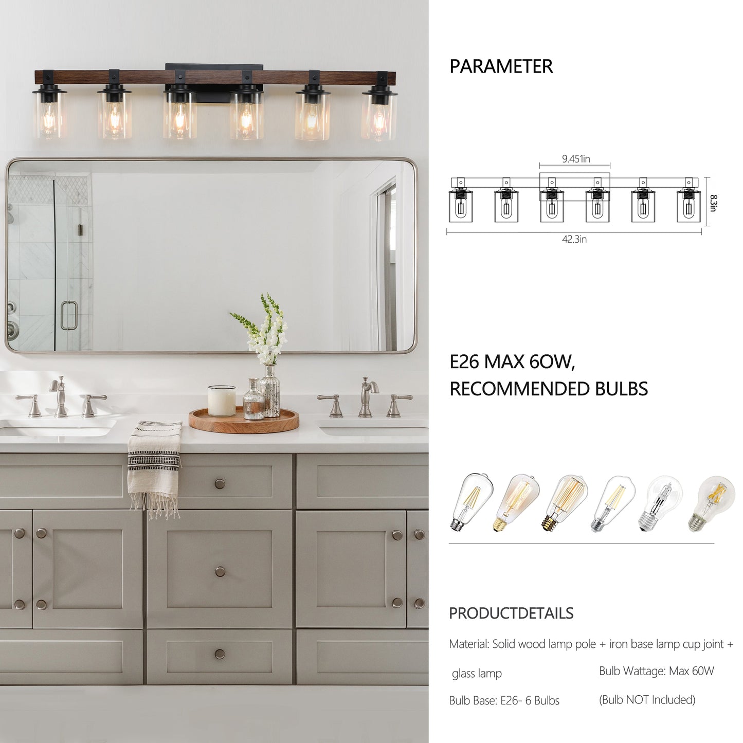 42in Rustic 6-Light Vanity Light, Industrial Bathroom Wall Sconce With Glass Shades And Wood Accent, Modern Farmhouse Lighting Fixture -No Bulbs