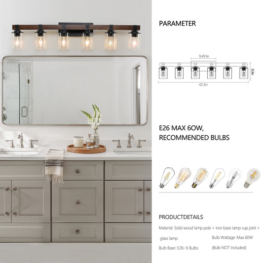 42in Rustic 6-Light Vanity Light, Industrial Bathroom Wall Sconce With Glass Shades And Wood Accent, Modern Farmhouse Lighting Fixture -No Bulbs