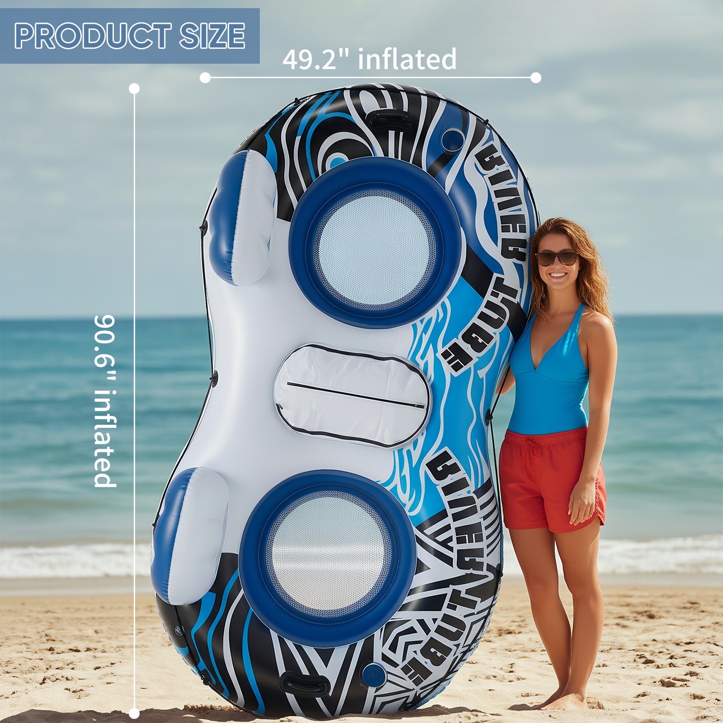 2 Inflatable River Floaters, Equipped With Detachable Refrigerators And Two Cup Holders, Featuring A Supportive Backrest, And With GRAP Ropes
