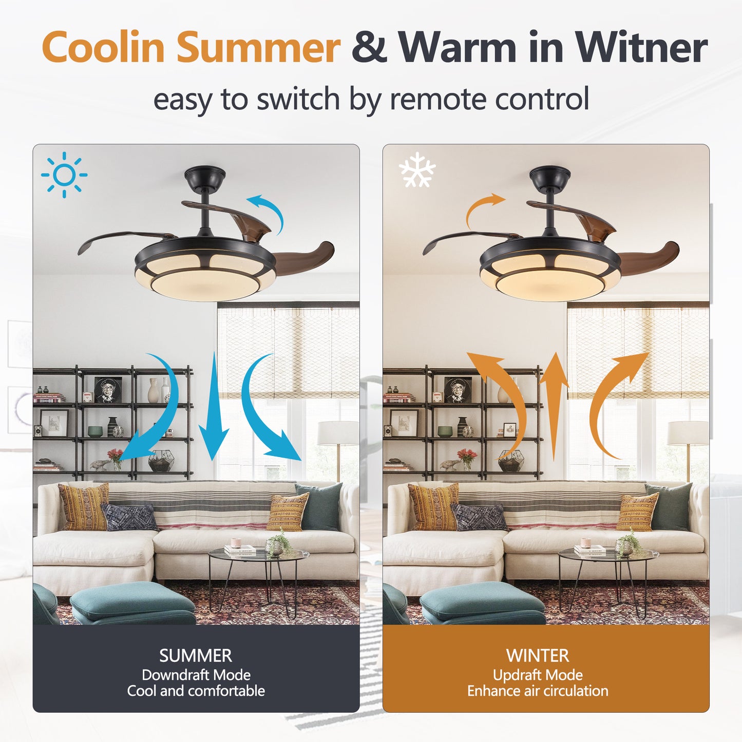 42 Retractable Ceiling Fan With Light, Modern LED Chandelier Fan With Remote Control, 6 Speed Adjustable Blades, Quiet DC Motor, Dimmable Lighting For Living Room, Bedroom, Dining Room