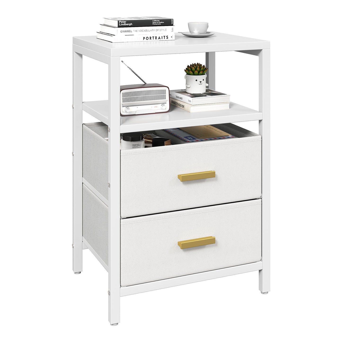 2pcs Nightstand White Modern Bed Side Table With 2 Fabric Drawers 2 Tier Shelf For Home Bedroom
