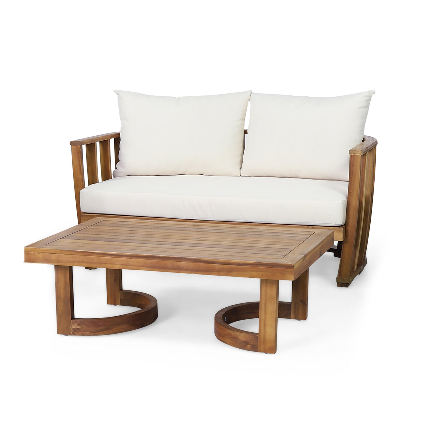 Outdoor Acacia Wood Loveseat And Coffee Table Set With Cushions, Teak, Beige