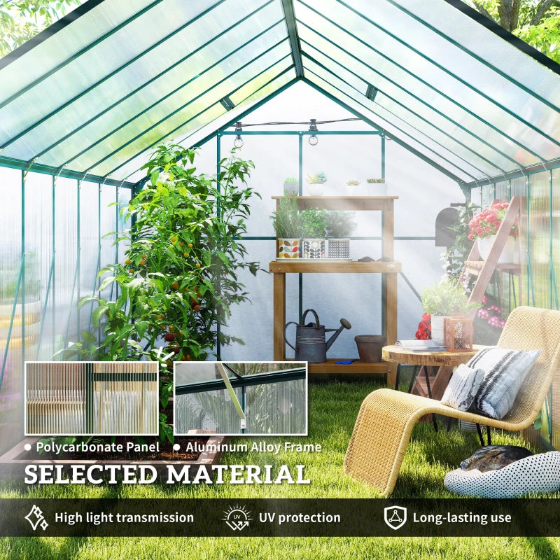 Aluminum Greenhouse Polycarbonate Walk-in Garden Greenhouse Kit With Adjustable Roof Vent, Rain Gutter And Sliding Door For Winter, Clear