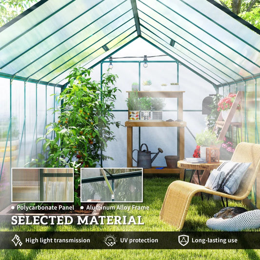 Aluminum Greenhouse Polycarbonate Walk-in Garden Greenhouse Kit With Adjustable Roof Vent, Rain Gutter And Sliding Door For Winter, Clear