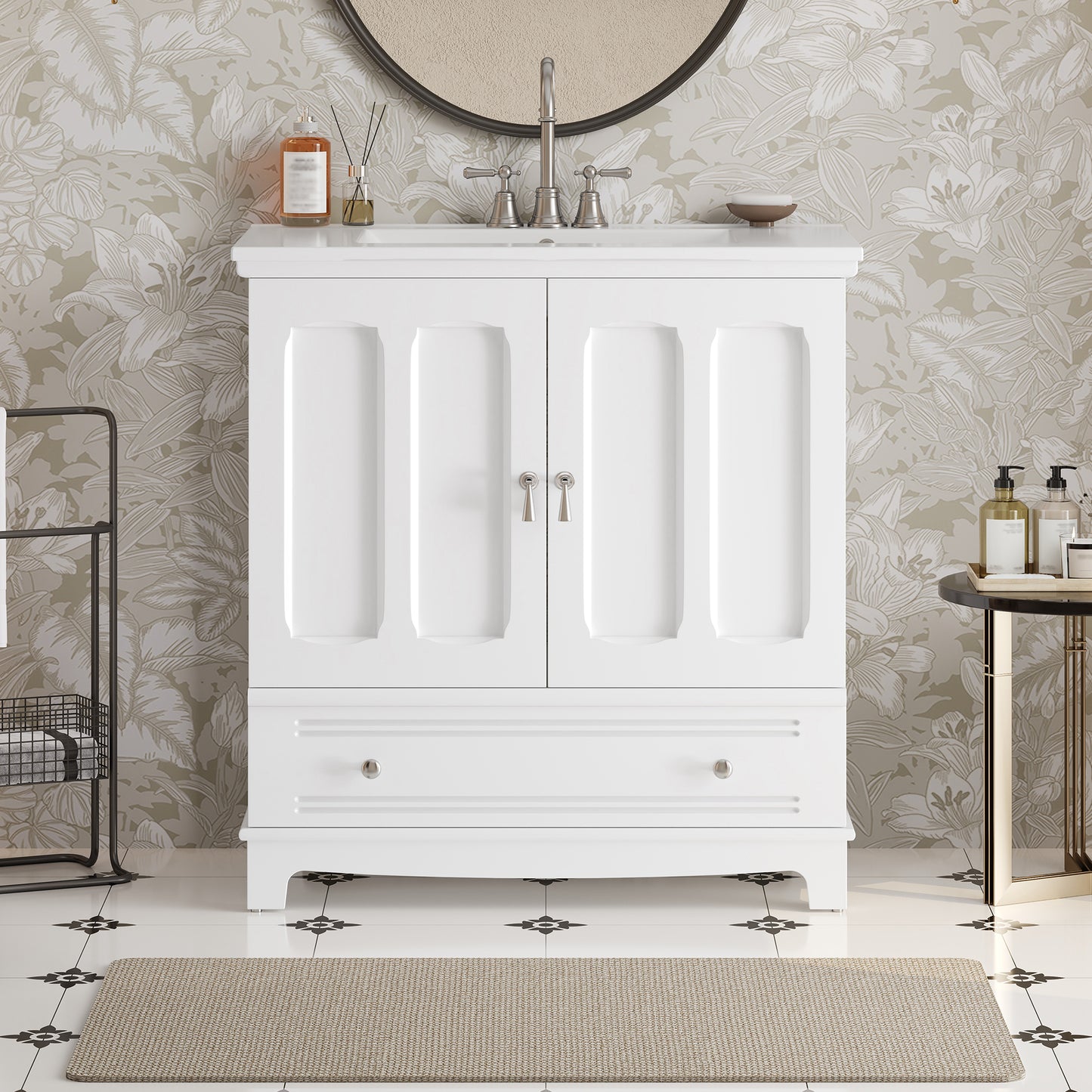 30   Bathroom Vanity With Ceramic Sink, Solid Wood Frame Bathroom Sink Cabinet With Adjustable Shelf, Drawer With Divider, Solid Wood Feet