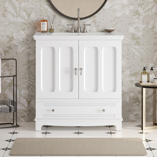 30   Bathroom Vanity With Ceramic Sink, Solid Wood Frame Bathroom Sink Cabinet With Adjustable Shelf, Drawer With Divider, Solid Wood Feet