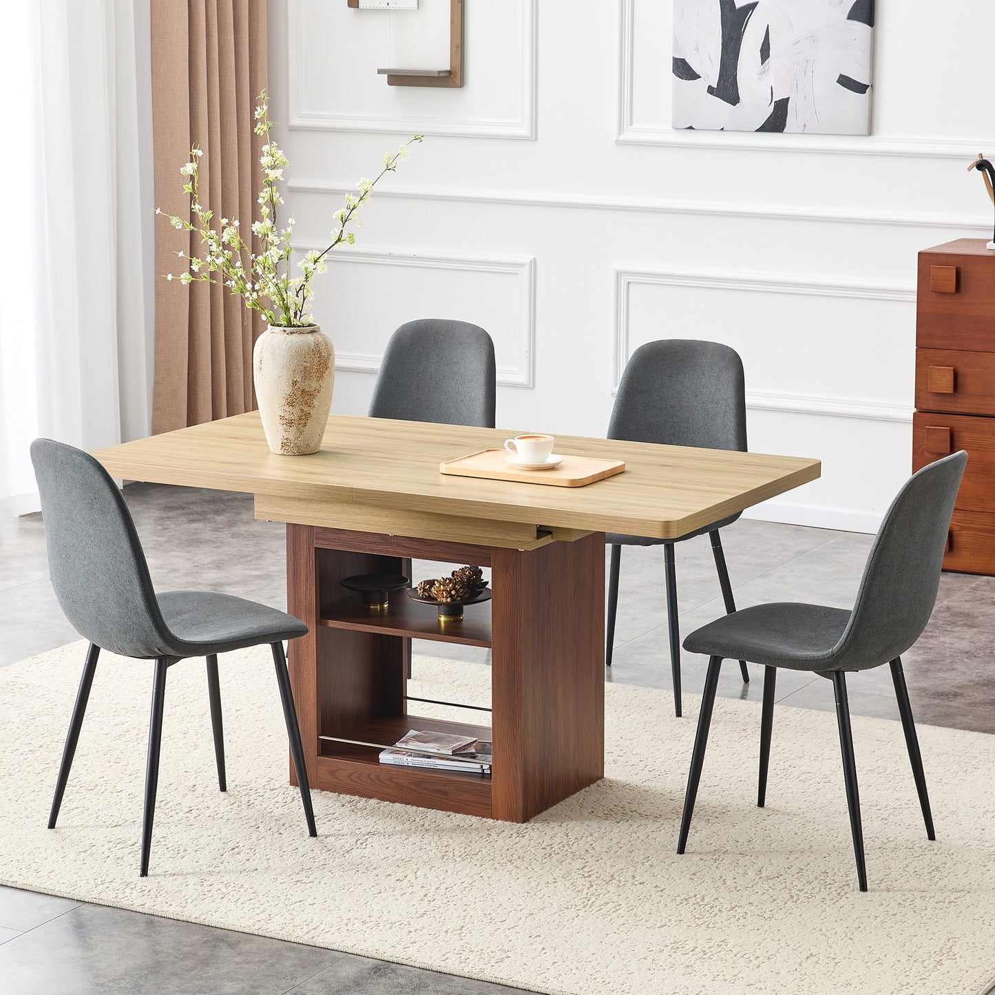 Scalable Dining Table And Chair Set, 59-71 Inch Pull-out Table, 4-piece Set Of Dark Gray Linen-Cotton Material Chairs, Modern Light Luxury Restaurant Furniture.Suitable For Restaurants, Kitchens, Etc.