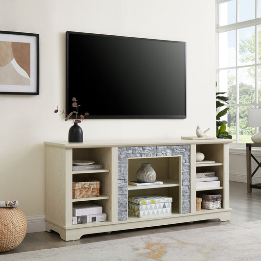 Mantel Stone TV Media Stand With With Faux Stacked Stone Surround, Modern Entertainment Console With Open Storage Space,WHITE, 58.31 Wx15.39 Dx26.06 H