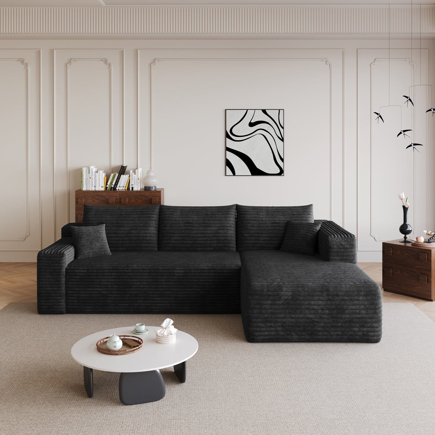 95  Cloud Sectional Sofa,Modern Minimalist Upholstered Couches, Comfort U Shaped Sofa For Living Room,Deep Seat Corner Couch,No Assembly Required,Black  Plush Corduroy Fabric