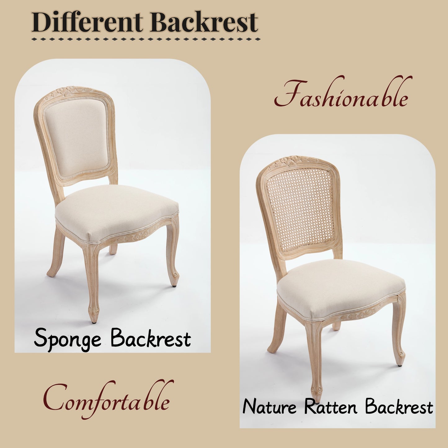 French Country Dining Chairs Set Of 2, Upholstered  Chairs With  Fan Shaped Back, Wire Drawing And Carving Techniques ,Disassemblable ,  For Living Room, Kitchen , Restaurant Use, Beige