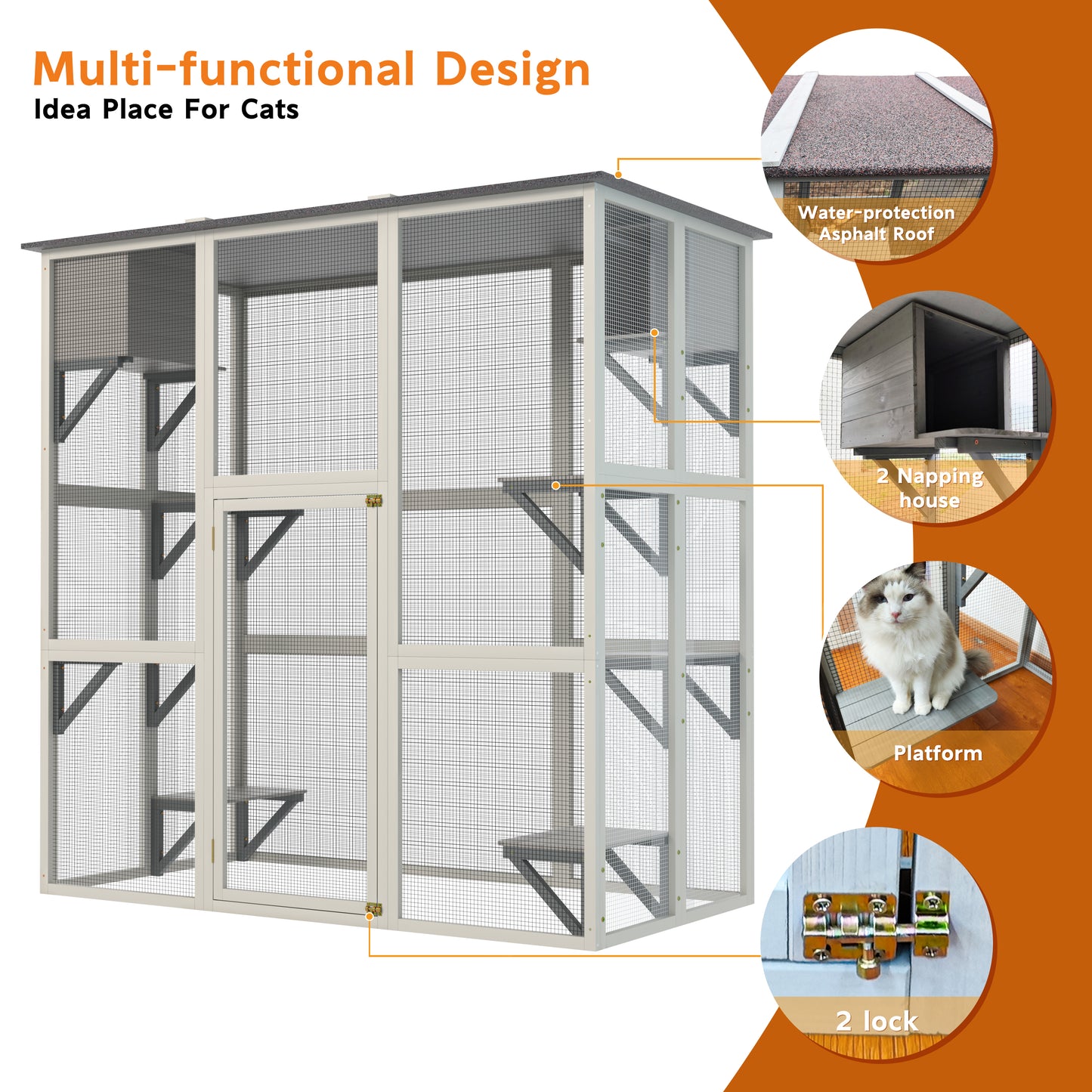 Gray Wooden Outdoor Catio Cat Enclosure With Weatherproof Asphalt Roof, Large Walk-in Cat House With 6 Platforms & 2 Napping Boxes, Solid Wood Cat Cage  Kennel Condo Playpen For Patio
