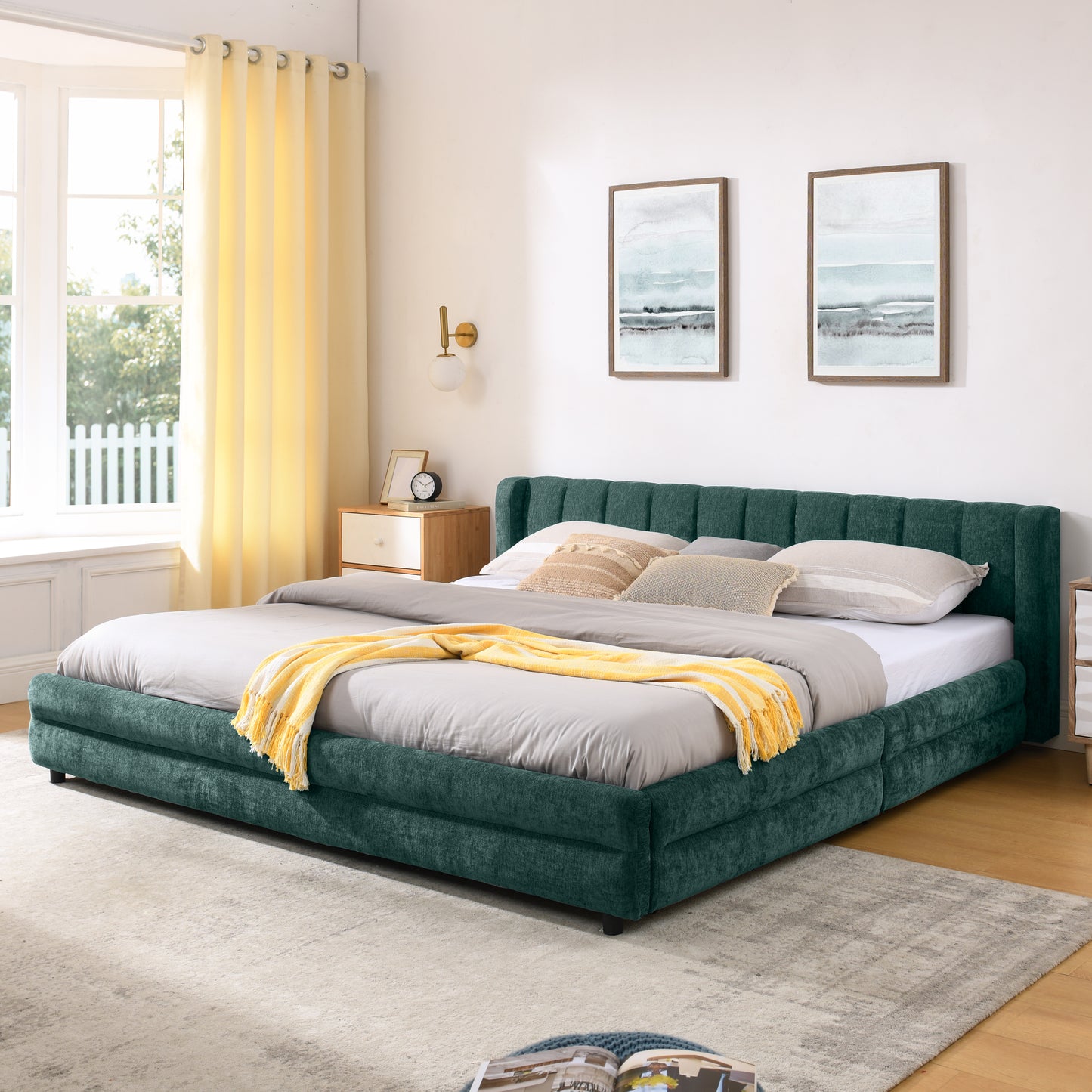 King Size Upholstered Bed Frame With Thick Fabric, Comfortable Upholstered Bed Frame, Chenille Fabric, With Headboard And Solid Bed Frame. With Drawer For Storage--Blue Green86.5 X84x 29.5