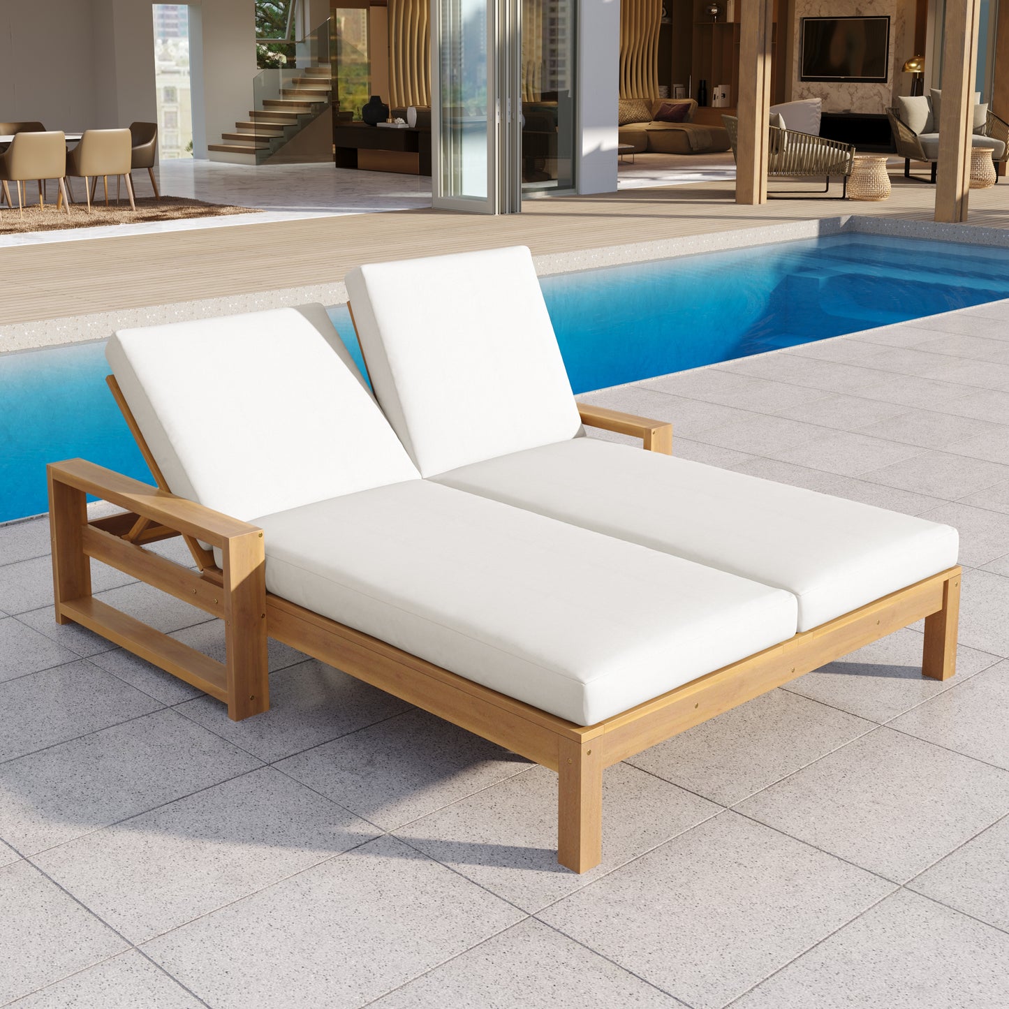 TREXM Outdoor Double Lounge Chair With 5-Position Adjustable Backrest For Each Seat  Wood Patio Chaise Lounge With Removable Cushions For Patio  Poolside  Garden  Light Teak Beige Cushion