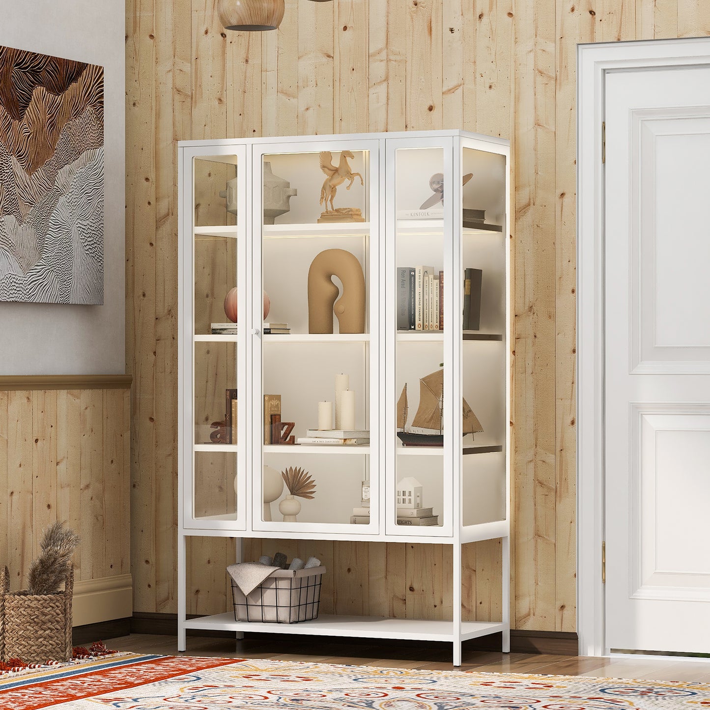 67.25  Tall Iron Display Cabinet With Glass Door And LED Lights Steel Curio Cabinet For Collectibles Figures Trophies 3-Sided Glass Display Case For Home Office Study Room Stores Playroom - White