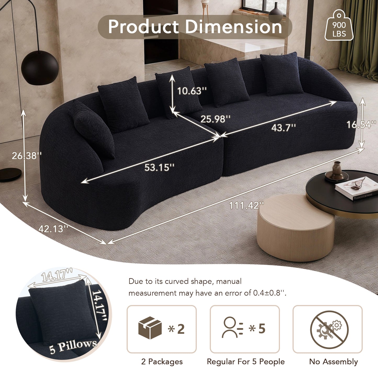 Compression Sponge Sofa Black Curved Modular Sectional  30D High-Density Chenille Sleeper Couch For Apartment Living Room 110L