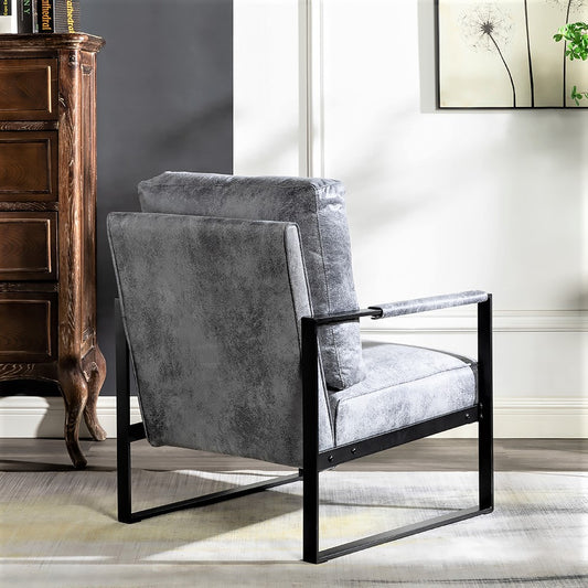 Direct Classic Mid Century Modern Accent Chair With Durable Square Metal Frame, Armchair For Living Room, Bedroom, Home Office In Spotted Microfiber Upholstery, Grey