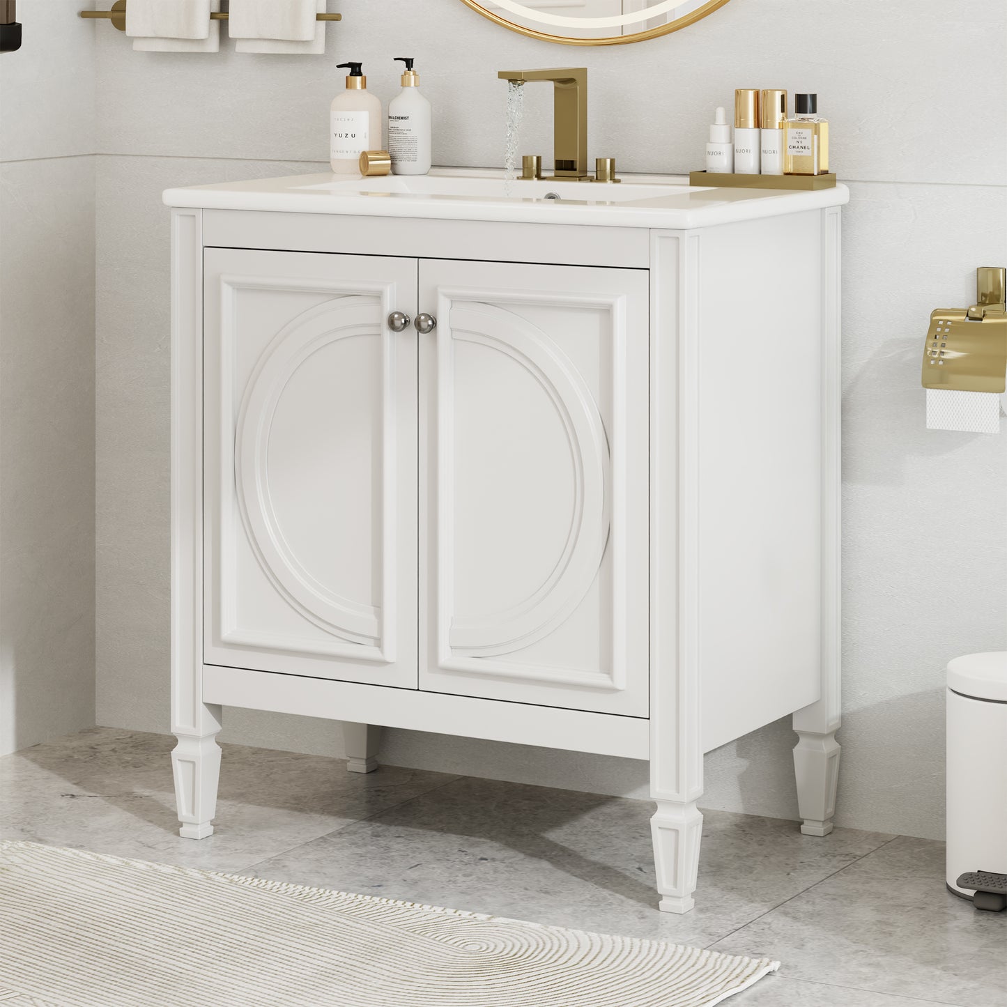 30  Bathroom Vanity With Sink, Two Doors With Shelf, Soft Close Door Hinges, Vintage Style, White