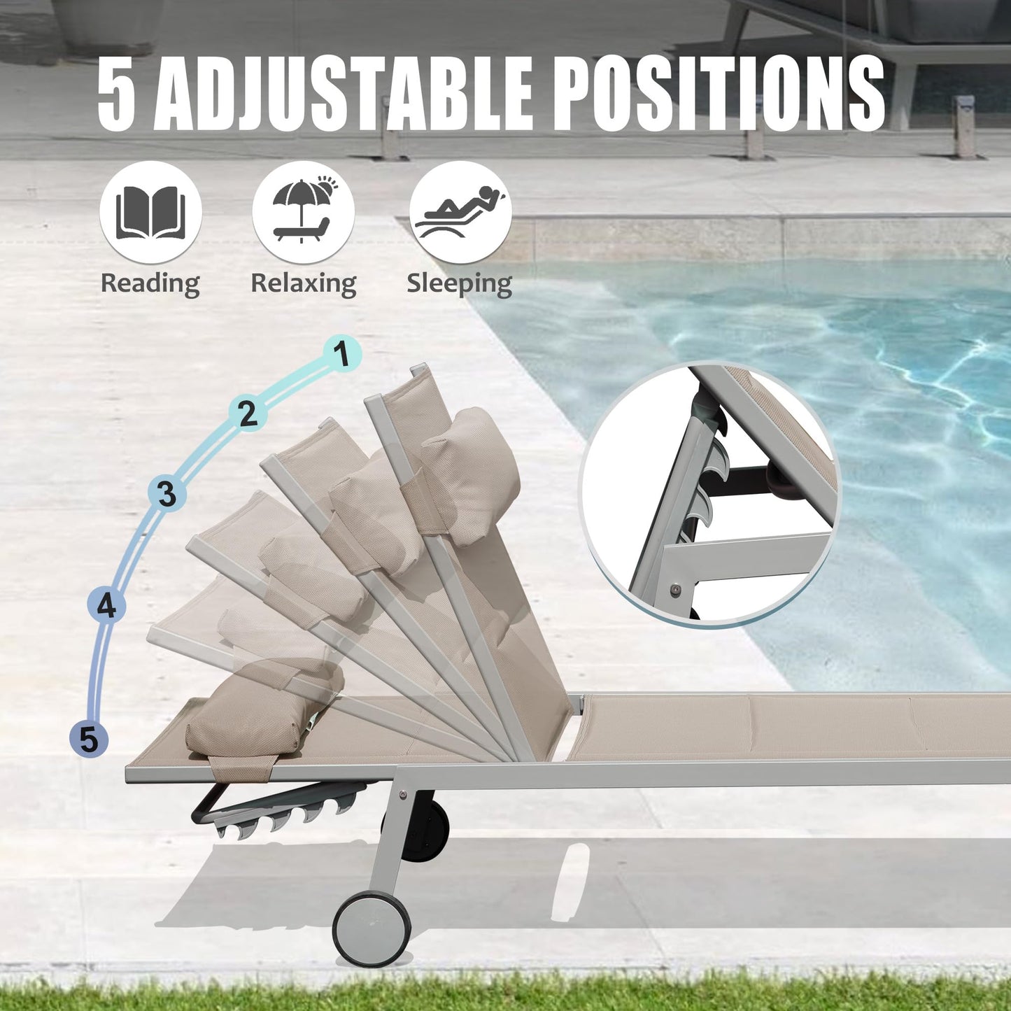 Outdoor Patio Chaise Lounge Set Of 3, Aluminum Pool Lounge Chairs With Side Table And Wheels, Textilene Padded Adjustable Recliner All Weather For Poolside, Beach, Yard, Balcony   Khaki