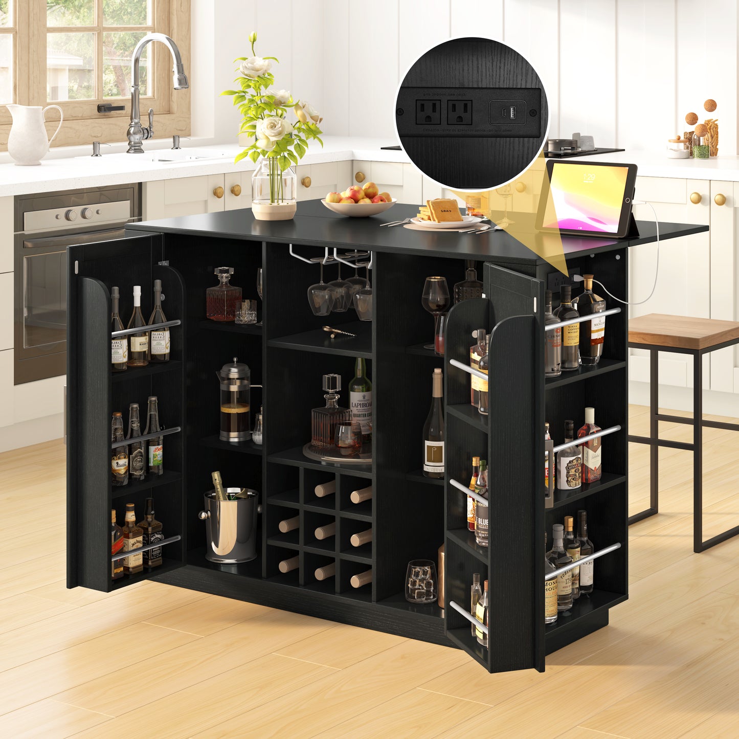 U-Style 47.2  Kitchen Island With Drop Leaf & Power Outlet  Wine Bar Cabinet With Bottle Rack & Glass Holder  Coffee Bar  2- Door Buffet Sideboard With Side Shelves  Melamine MDF
