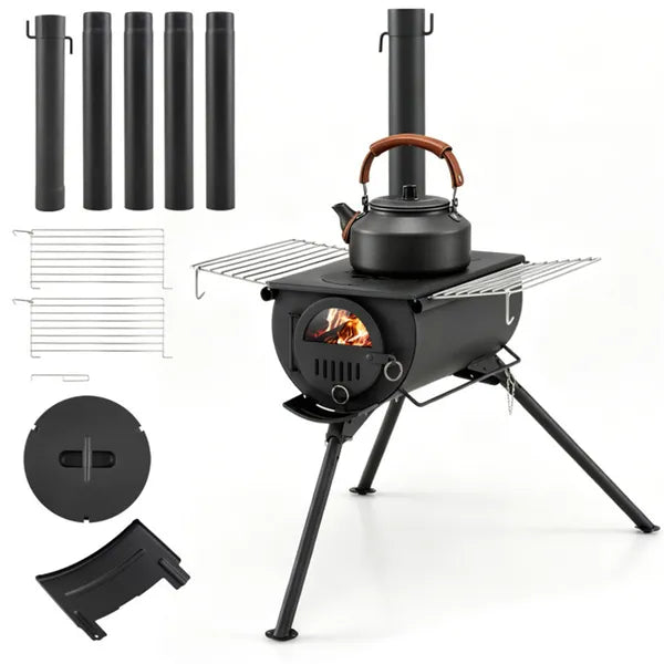 Portable Foldable Wood Burning Tent Stove With 5 Sections Chimney, Heavy Duty Carbon Steel Camping Stove With View Window & Cooking Racks For Outdoor Hunting Camping