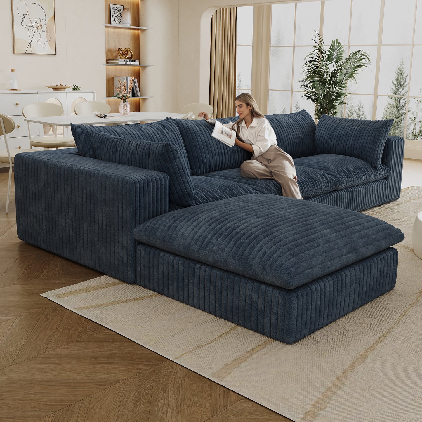 118.2 Cloud Sofa,Corduroy Fabric,Deep Seat Couches,Double-layer Design,Removable Cushion,No Assembly, DIY Combination For Living Room, Bedroom,Conference Room ,Apartment,Blue