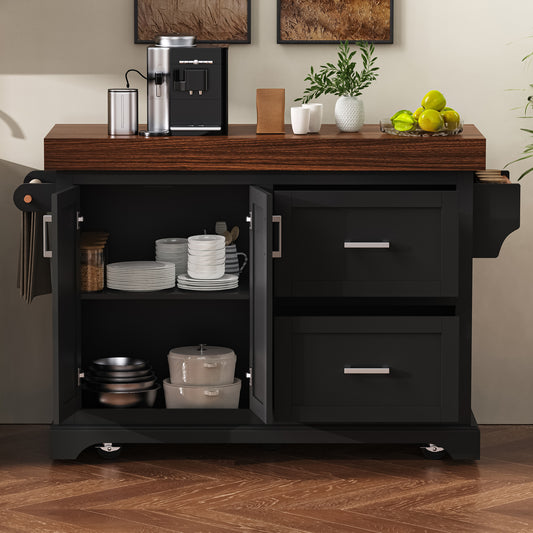 K&K 53  Large Kitchen Island With 3.5  Thick Desktop, Spice And Towel Racks, Rolling Kitchen Island With Storage On 5 Wheels, 2 Extra Large Drawers, For Home, Kitchen, Dining Room, Black