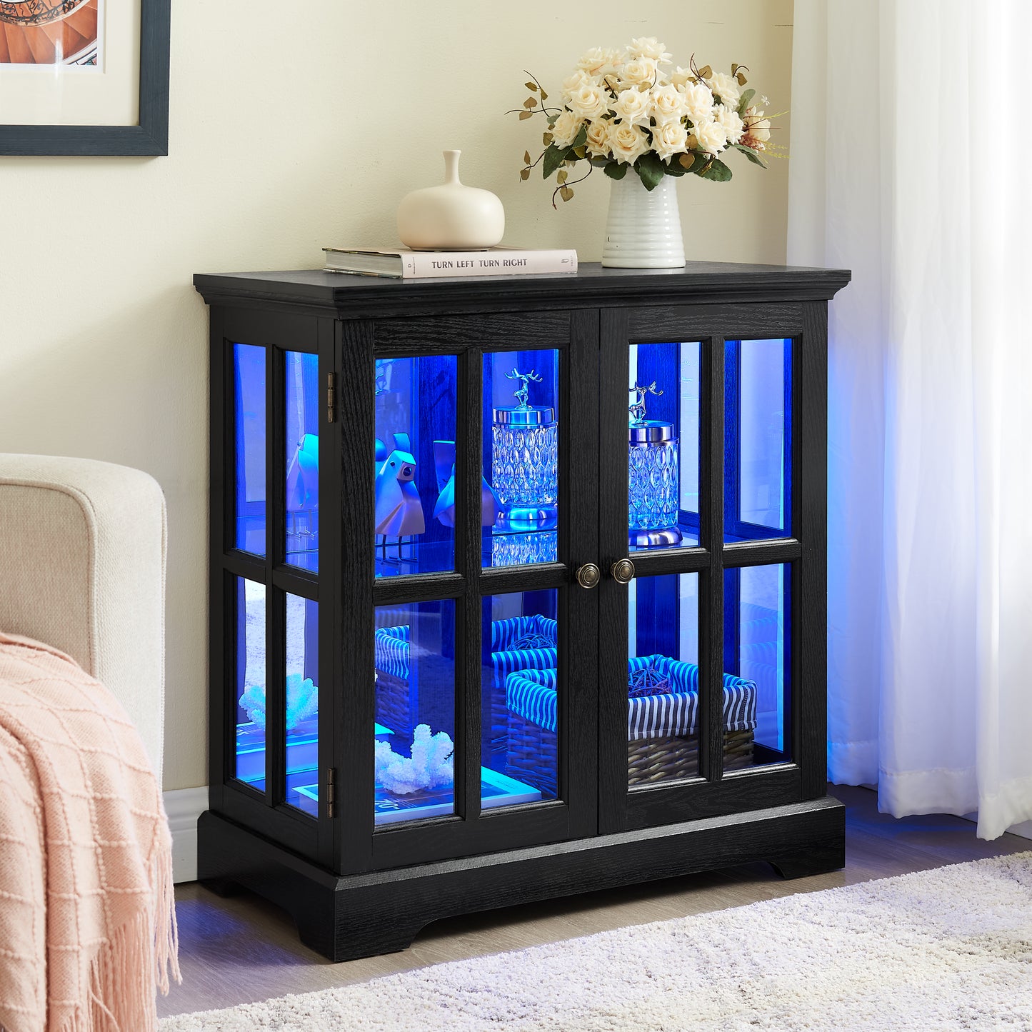 LED Curio Display Cabinet, Antique Display Cabinet With Adjustable Shelves, Retro Design Quality Showcase With Lattice Doors Elegant Bookcase And Storage Cabinet For Home Decor And Organization BLK