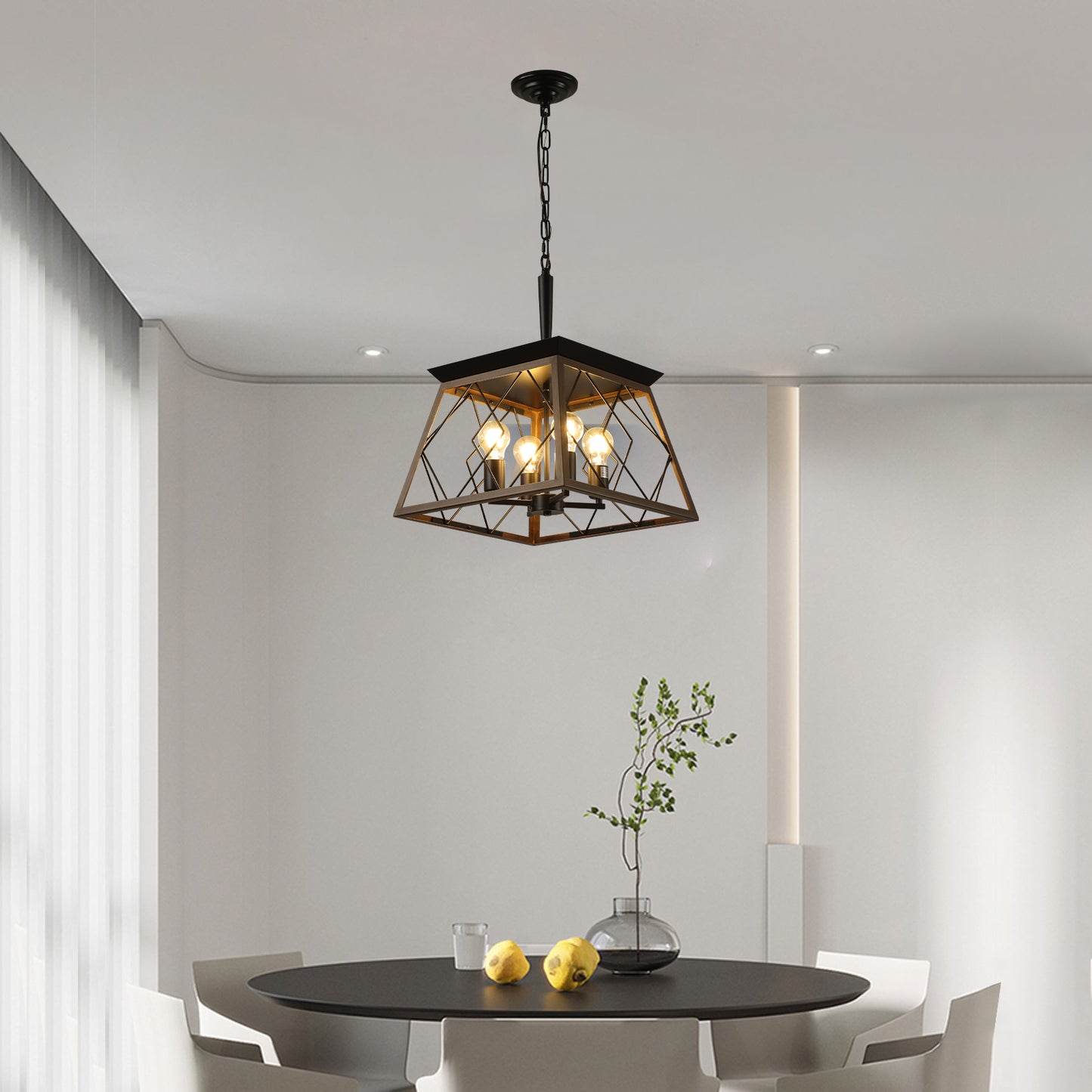 Same As W1340111202-L1008  16in  Walnut Industrial 4-Light Pendant Chandelier, Modern Metal Cage Design, Adjustable Hanging Light For Dining Room, Kitchen, Living Room  No Bulbs