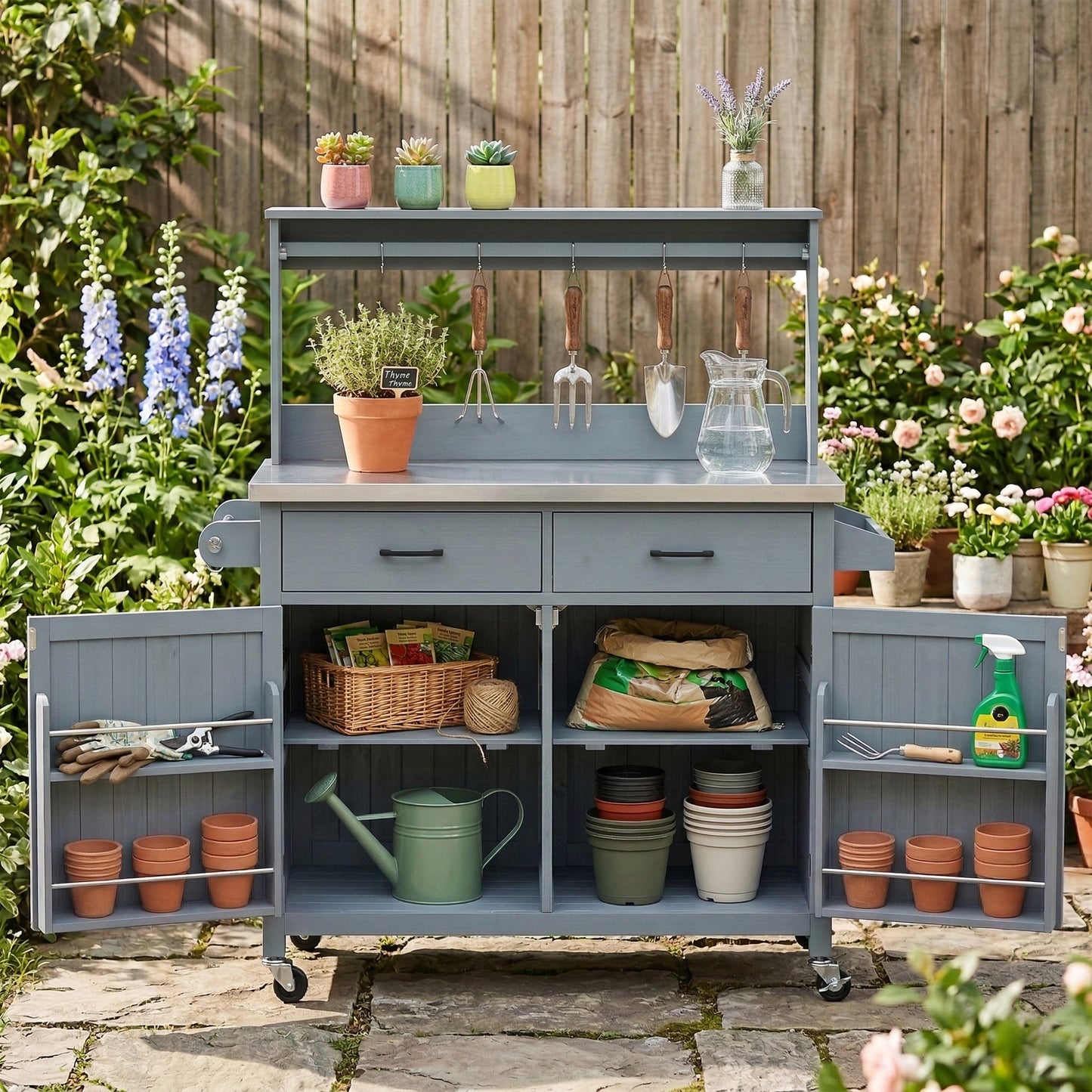 K&K 54.1  Outdoor Kitchen Island With High Shelf, Large Outdoor Potting Bench Table With Stainless Steel Top And Storage Cabinet, Solid Wood Grill Cart With Lockable Wheels For BBQ, Garden, Grey Blue