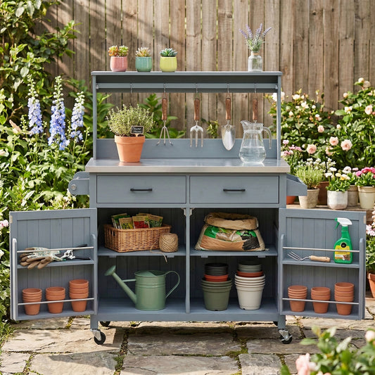 K&K 54.1  Outdoor Kitchen Island With High Shelf, Large Outdoor Potting Bench Table With Stainless Steel Top And Storage Cabinet, Solid Wood Grill Cart With Lockable Wheels For BBQ, Garden, Grey Blue