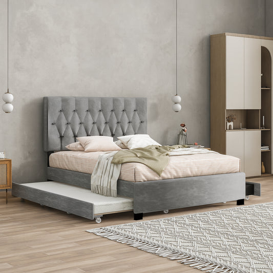 GRAY QUEEN SIZE TRUNDLE PULL OUT DRAWERS STORAGE UPHOLSTERED BED MODERN  DESIGN NO BOX SPRING REQUIRED
