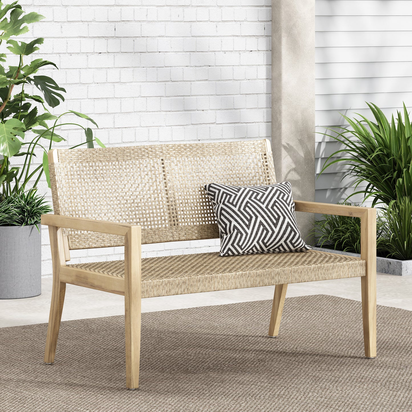 Outdoor Wicker And Acacia Wood Loveseat, Light Multibrown And Light Brown, 34 H X 46.5 W X 27.25 D