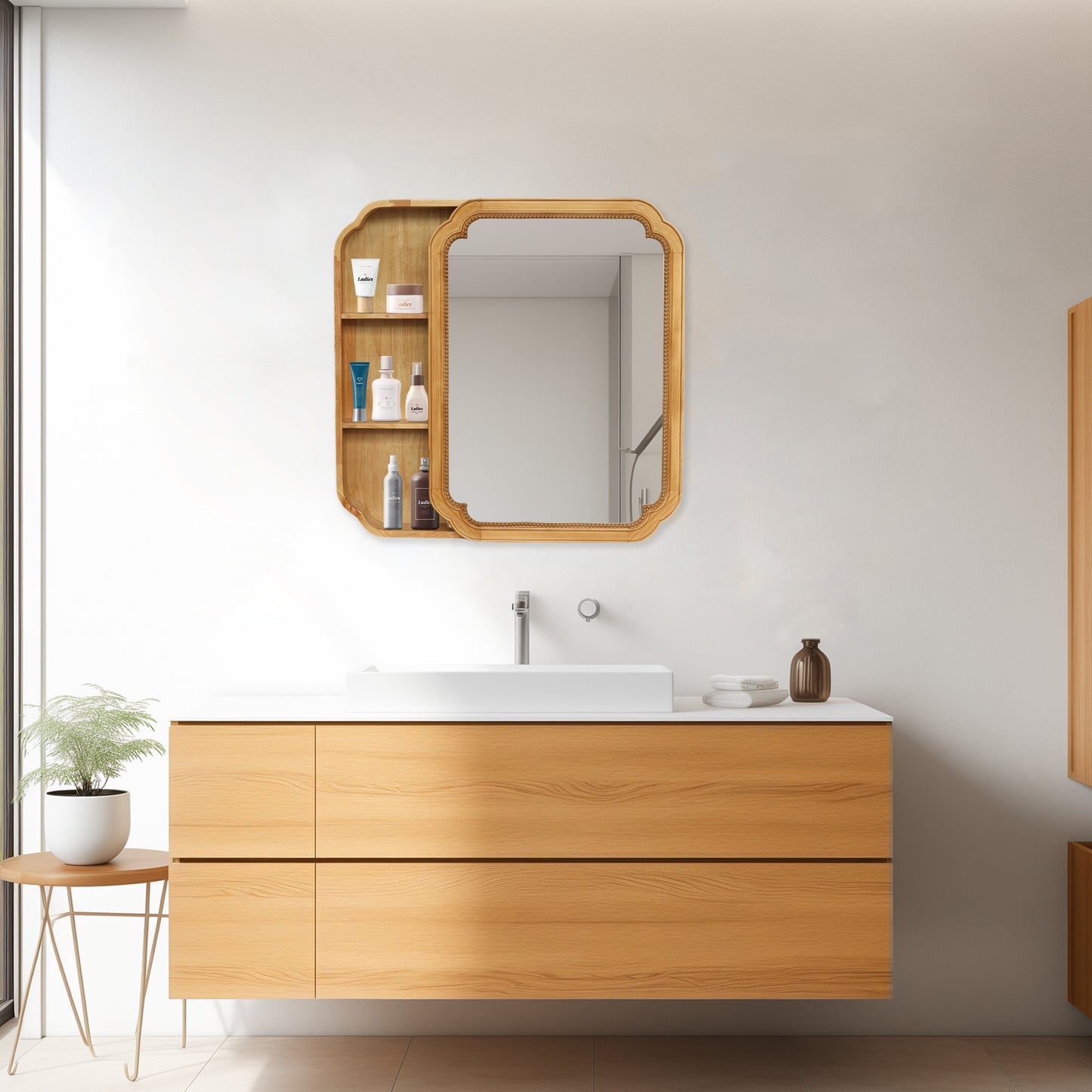 31.5  X 23.82  Wood Framed Wall - Mounted Mirror Cabinet With Storage Shelves, Medicine Mirror For Bathroom, Living Room, Entryway