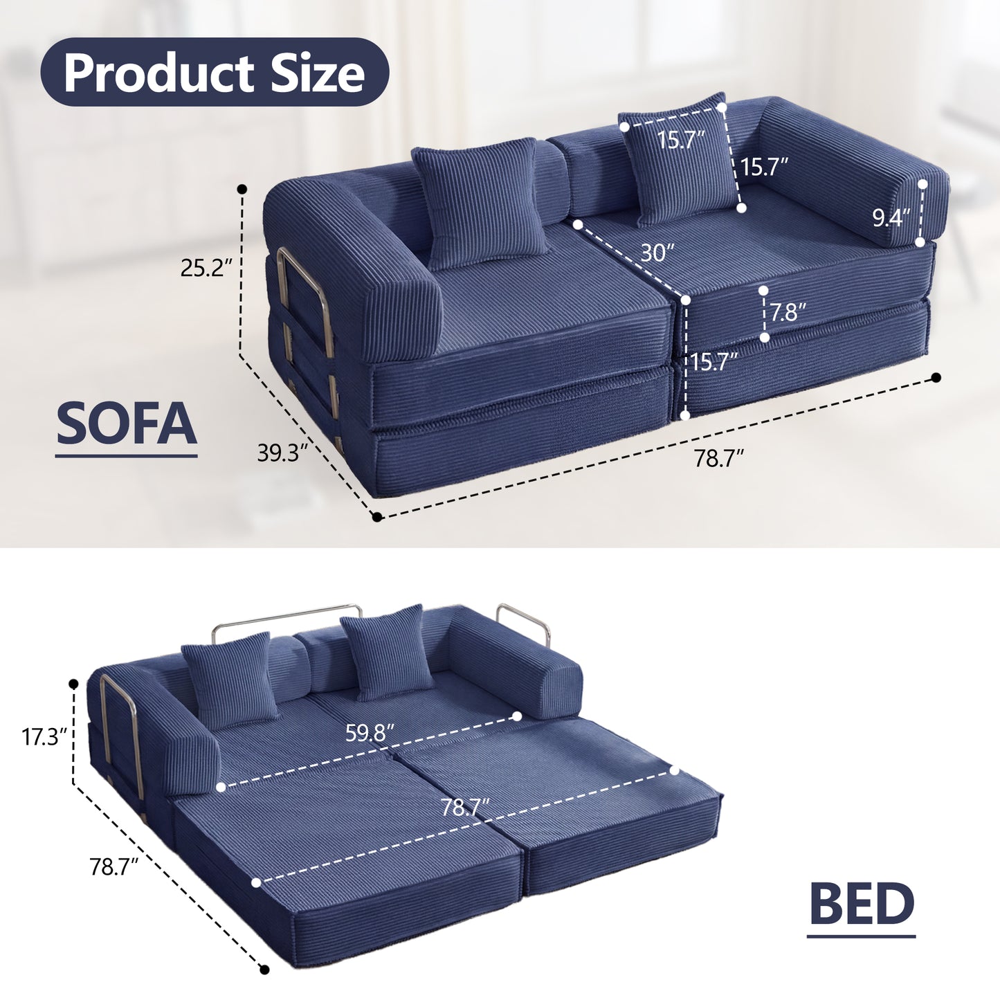 78  Convertible Sofa Bed, Modular Corduroy Couch With 2 Pillows, Space-Saving Compressed Floor Sofa, Ideal For Living Room, Bedroom, Apartment,Navy-Blue.