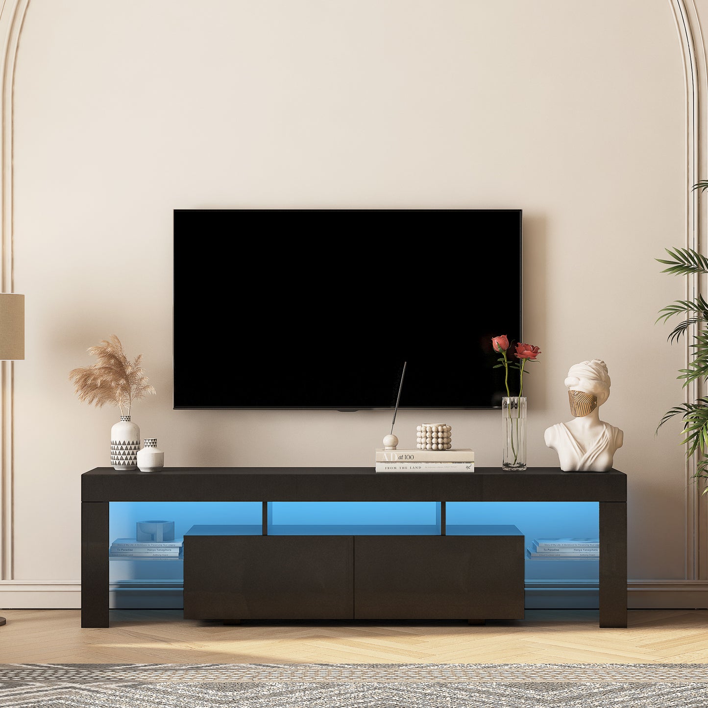 High Gloss TV Stand With LED Lights For TVs Up To 65'', Modern TV Console With Storage Cabinets For Living Room,Black